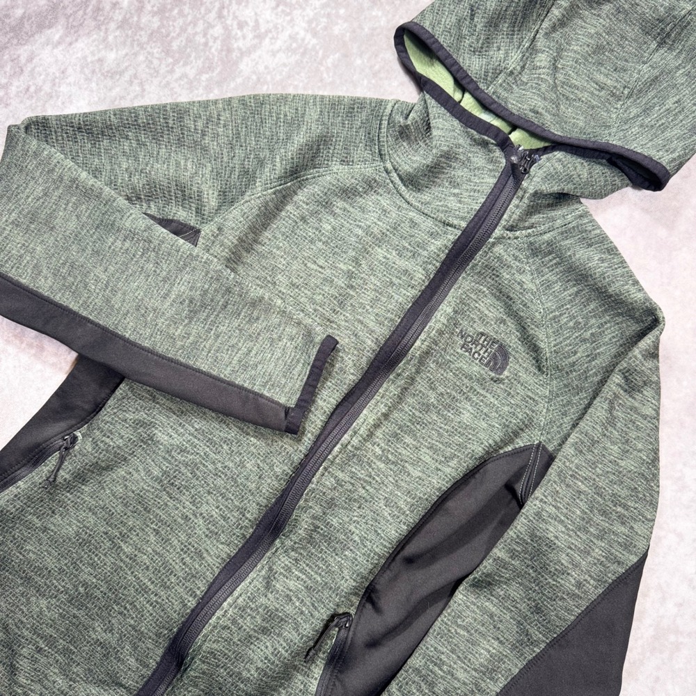The North Face Womens Full Zip Hoodie Green Black Heathered Fleece Jacket Large